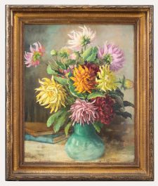 N. M. Lay - Framed Mid 20th Century Oil, Still Life of Dahlias