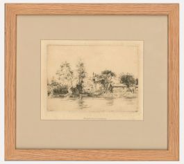Framed Early 20th Century Etching - Farmhouse on the River