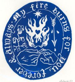 Isabelle Mulvany - 2023 Linoprint, My Fire Burns for You (Blue)