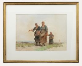 A. Poisson - Framed Late 19th Century Watercolour, Dutch Figures by the Sea