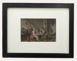 Framed 19th Century Watercolour - Dutch Figures in an Interior