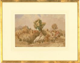 Framed 19th Century Watercolour - River Landscape with Travelers
