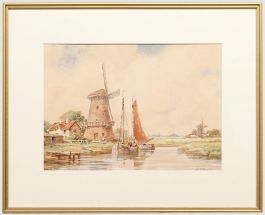 Framed Early 20th Century Watercolour - Barges on the River