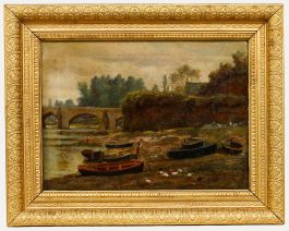 Framed Late 19th Century Oil - Hauling in the Nets at Handbridge