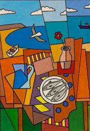 Tim Treagust (b.1958) - Contemporary Acrylic, Still Life with Bay View