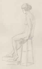 Lorna Bing (1897-1993) - 1920 Graphite Drawing, Female Nude on a Wooden Stool