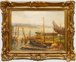 How - Framed Mid 20th Century Oil, Fishing Boats on the River