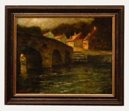 Framed 20th Century Oil - Cottages by the Bridge