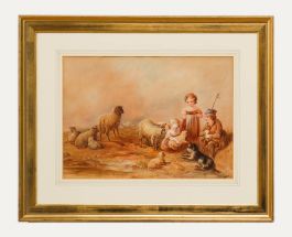 Mid 19th Century Watercolour - Children with Sheep
