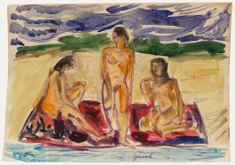 20th Century Watercolour - Nude on the Beach