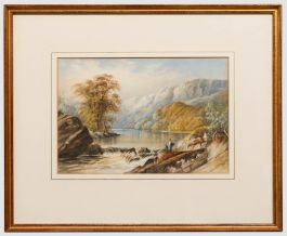 Attrib. Cornelius Pearson (1805-1891) - Watercolour, Two fishermen by a Weir