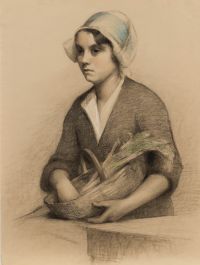 G. Querville - 1936 Graphite Drawing, Woman with Basket of Vegetables