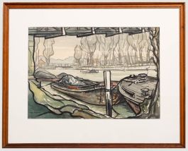 John Weston - Framed Mid 20th Century Watercolour, Barges at Teddington Lock