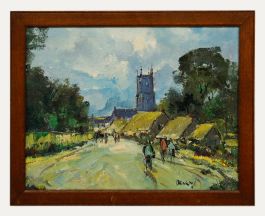 George R. Deakins (1911-1982) - Framed Oil, Village Scene with Church Steeple