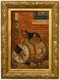 Charles Edwin Baldock (1876-1941)- Framed Oil, Farm Dog Resting on a Barrel 