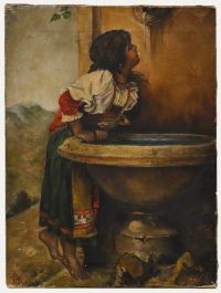 Late 19th Century Oil - Girl Beside a Water Fountain
