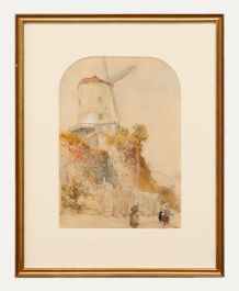 Framed 19th Century Watercolour - Windmill on the Castle Wall