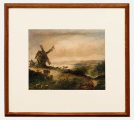 19th Century Watercolour - Cattle by the Windmill