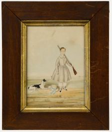 Folk Art Early 19th Century Watercolour - Portrait of a Boy with a Hound and Gun
