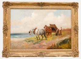 G. Melville  - Early 20th Century Oil, Shire Horses By The Coast