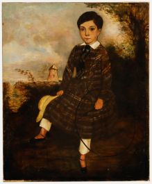 English School Folk Art  Early 19th Century Oil - Young Boy in Plaid