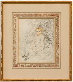 19th Century Watercolour - Child Holding Flowers