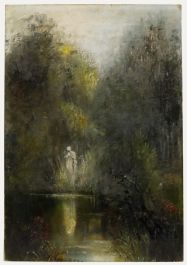 20th Century Oil - Statue by the Pond
