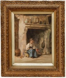 19th Century Watercolour - Reading by the Fire