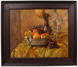Framed Oil, Still Life with Samovar & Fruit Basket