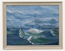 French School  1943 Gouache - Torpedo Boat in The Storm