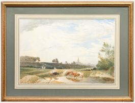 Edward Matthews - Late 19th Century Watercolour, Cattle Drinking on Sheen Common