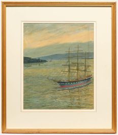 Framed 20th Century Oil - Sailing Ship at Anchor