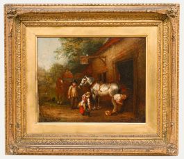 English School Mid 19th Century Oil - Blacksmith Shoeing a Horse