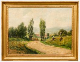 K. L.  - Early 20th Century Oil, Oxen on the Country Path