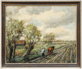Framed Mid 20th Century Oil - Ploughing the Field