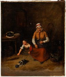 19th Century Oil - Young Girl Playing with a Cat