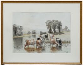 Edward J. Duval (fl.1876-1916) - Framed  Watercolour, Cattle Watering
