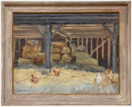 Sheila Edwards - Framed 20th Century Oil, Chickens in a Straw Barn
