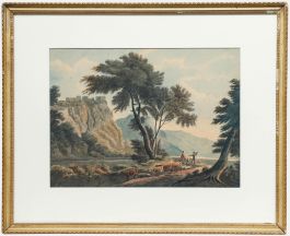 Framed 19th Century Watercolour - Herding Cattle Under the Castle Ruins