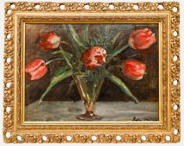 Mid 20th Century Oil - Tulips in a Glass Vase