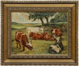 Framed Early 20th Century Oil - Resting Cows