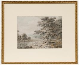 J. Phillips - Framed 1786 Watercolour, Shepherdess Resting by a River