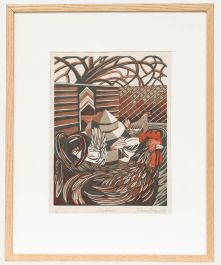 Diana Gunnell - Framed 1986 Linoprint, Chickens
