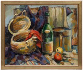 Framed Mid 20th Century Oil - Still Life with Wine and Apples