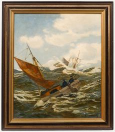 F. Petersen - Framed Mid 20th Century Oil, Fishing Boat in High Waves