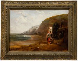 Framed 19th Century Oil - Children at the Beach