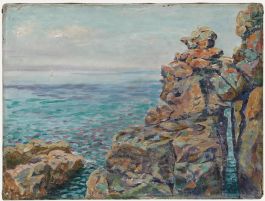 British School Mid 20th Century Oil - Rocky Shore