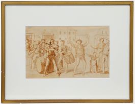 Framed 18th Century Sepia Watercolour - Revellers in a Street