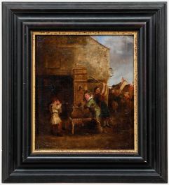 Framed 19th Century Oil - A Prank at the Water Pump