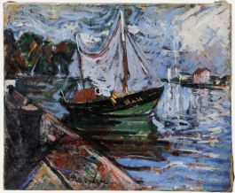 French School Mid 20th Century Oil - The Green Fishing Boat